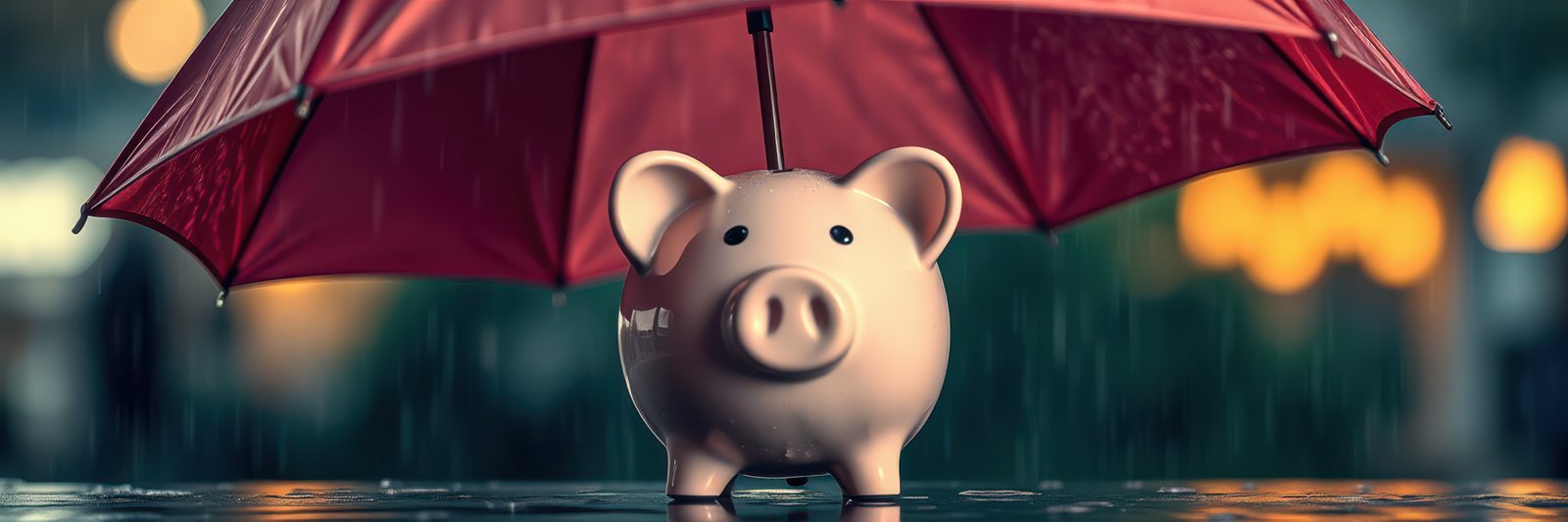 Piggy bank protected by red umbrella in rainy weather with soft background lights during evening